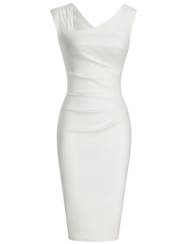 MUXXN Women's Vintage Cut Out Neck Sleeveless Bodycon Cocktail Prom Pencil Dress White S - Image 3